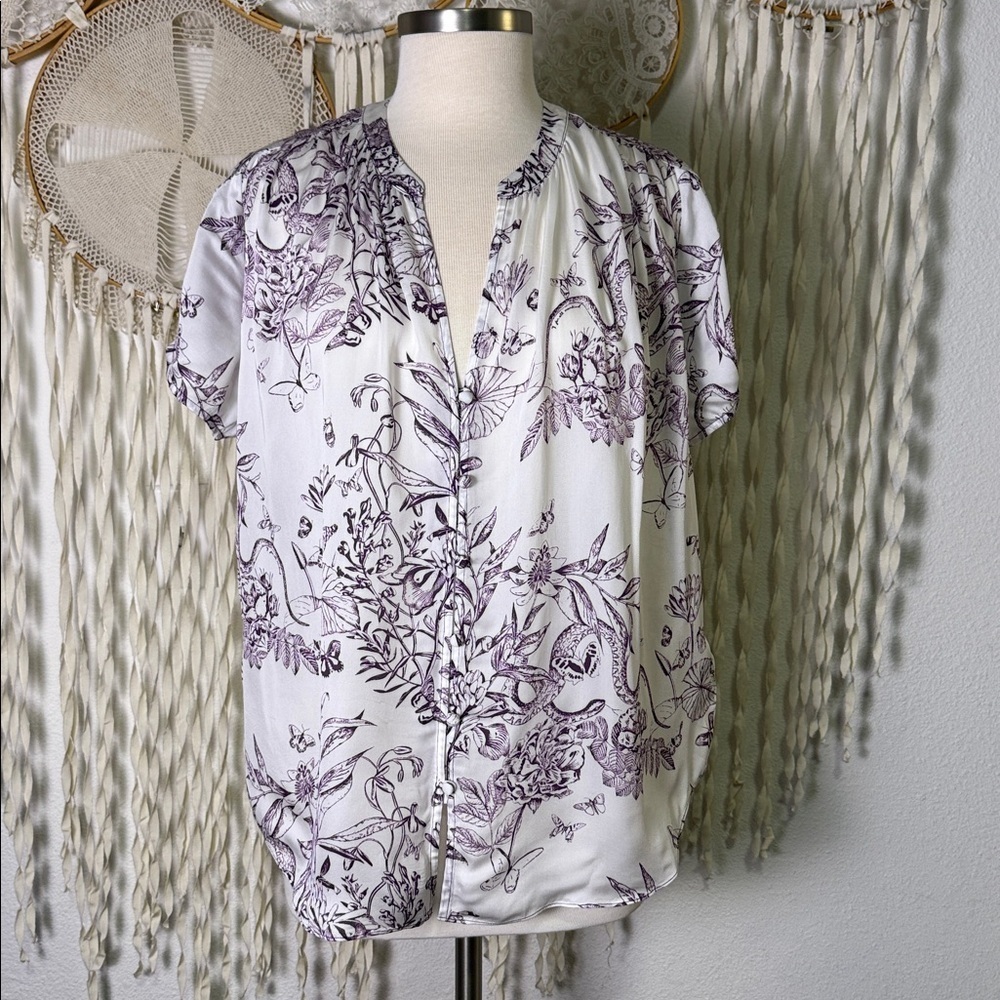 7FAM | 7 For All Mankind NWT White and Purple Floral Print Cap Sleeve Blouse M